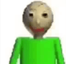 a close up of a cartoon character wearing a green shirt and a white background .