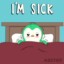 an illustration of a penguin in bed with the words i 'm sick