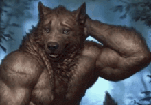 a painting of a werewolf with huge muscles scratching his head