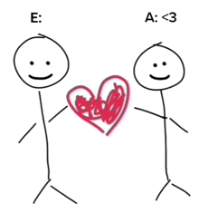 a drawing of two stick figures holding a heart with the letters e and a below