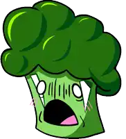 a cartoon drawing of a broccoli head with a surprised look on its face