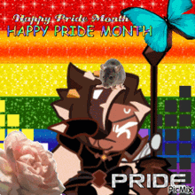 a happy pride month greeting with a mouse on a rainbow background