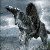 a picture of a dinosaur in the rain with lightning in the background