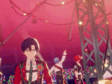 a group of anime characters are standing in front of a crowd on a stage .