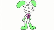 a cartoon rabbit with green ears and a pink bow on its neck .