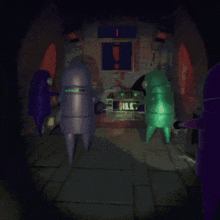 a purple robot is standing in front of a sign that says koko on it