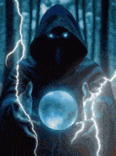a hooded figure is holding a crystal ball with lightning behind him