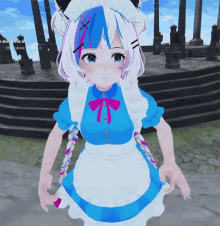 a girl in a maid outfit is standing in front of a staircase with the words " i doing this in the future "