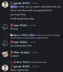 a screenshot of a chat with garnet and miku