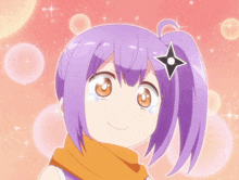 a girl with purple hair and a black star on her head