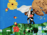 a picture of a dog holding an umbrella next to a cookie and flowers