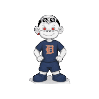 a cartoon character wearing a blue shirt with a letter d on it