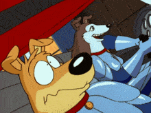 two cartoon dogs are sitting in a car and one is wearing a blue suit