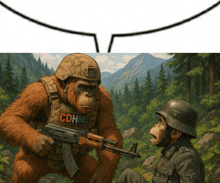 a painting of a monkey with a cdhng vest holding a gun