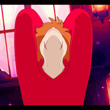 a cartoon character in a red sweater is looking up