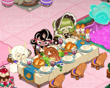 a group of cartoon characters are sitting at a table with plates and glasses of wine