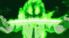 a man in a suit and tie is holding a sword that is glowing green .