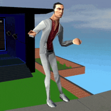a computer generated image of a man standing in front of a house