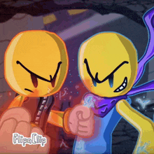 two yellow cartoon characters are fighting with the words flipa clip written below them