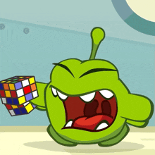 a cartoon character is holding a rubik 's cube in his hand