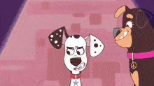 a dalmatian and a brown dog with a peace sign on their collar