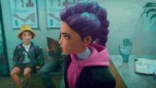 a girl with purple hair and a pink hoodie is standing in a waiting room