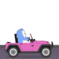 a cartoon penguin is driving a pink jeep next to a welcome mississippi sign