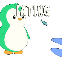 a cartoon penguin is eating a fish while another penguin looks on