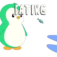 a cartoon penguin is eating a fish while another penguin looks on