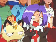 a group of cartoon characters including a cat and a girl with purple hair