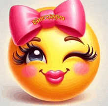 a smiley face with a pink bow on its head and pink lips .