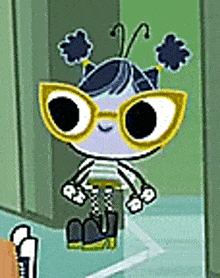 a cartoon character wearing sunglasses is sitting in a locker room .