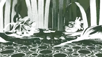 a black and white drawing of frogs and plants
