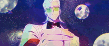 a man in a tuxedo and sunglasses is holding something in his hand in front of a galaxy .