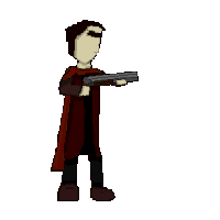 a pixel art drawing of a man in a red cape holding a gun