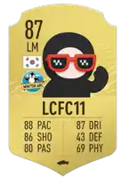 a soccer card for lcfc11 with a cartoon character wearing sunglasses