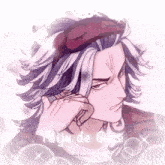 a close up of a person 's face with purple hair and a red bow on their head .
