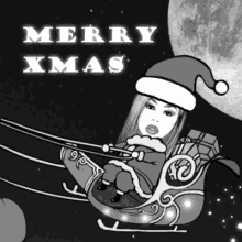 a merry xmas card with a woman in a santa hat