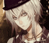 a white haired anime character with a hat and necklace