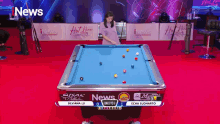 a pool table has a sign that says news on it
