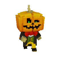 a pixel art character with a pumpkin head and a bow tie