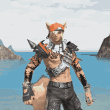 a man in a cat hat is standing on a beach