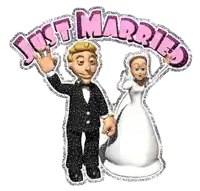 a cartoon of a bride and groom with the words just married behind them