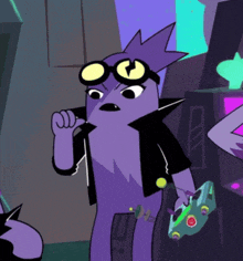 a cartoon character wearing goggles and a jacket