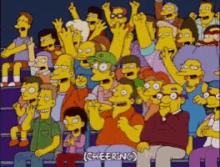 a crowd of cartoon characters cheering with the word cheering on the bottom right