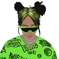 a drawing of billie eilish wearing sunglasses and a green shirt with graffiti on it