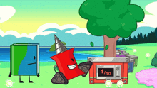 a cartoon drawing of a red object standing next to a microwave with the number 1/10 on it