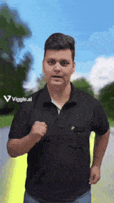 a man in a black shirt is standing in front of a sign that says viggles.ai