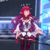 a girl with red hair and horns is standing in front of a sign that says ' i 'm sorry '