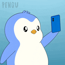 a cartoon penguin is taking a selfie with a blue phone and the word pengu is on the bottom